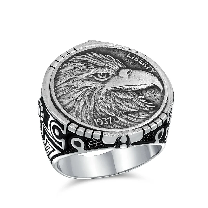 women’s black diamond ring-Mens Silver Ring with Patriotic USA Eagle Head Coin Design Oxidized .925 Sterling