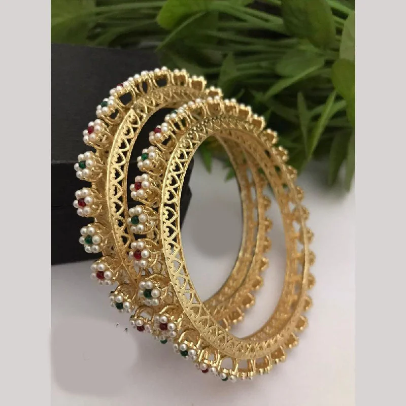 women’s sapphire diamond rings-women’s birthday bracelet-FS Collections Gold Plated Pota Stone And Pearls Bangles Set