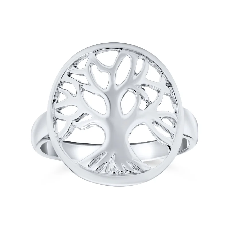 women’s simple gold ring-Silver Ring: Large Open Round Family Tree of Life Sterling Statement Piece