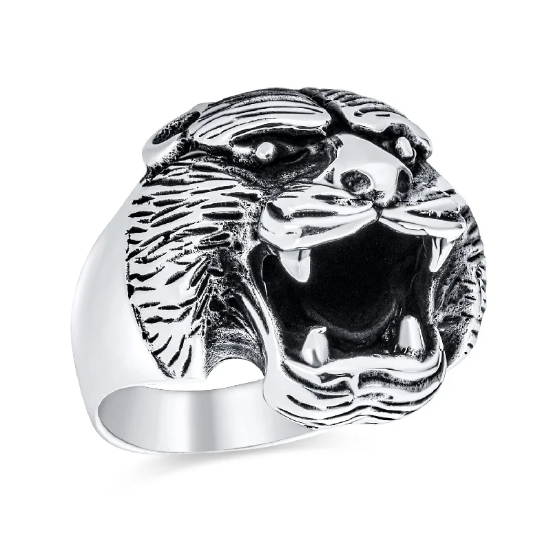 women’s geometric gemstone ring-Hunter Norse Viking Mens Silver Ring: Fierce Bear Head Oxidized .925 Sterling