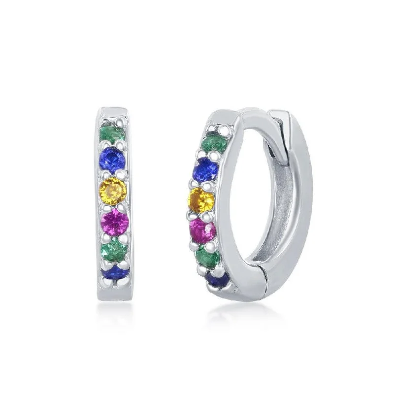 women’s flower earrings-Sterling Silver Rainbow CZ Huggie Hoop Earrings