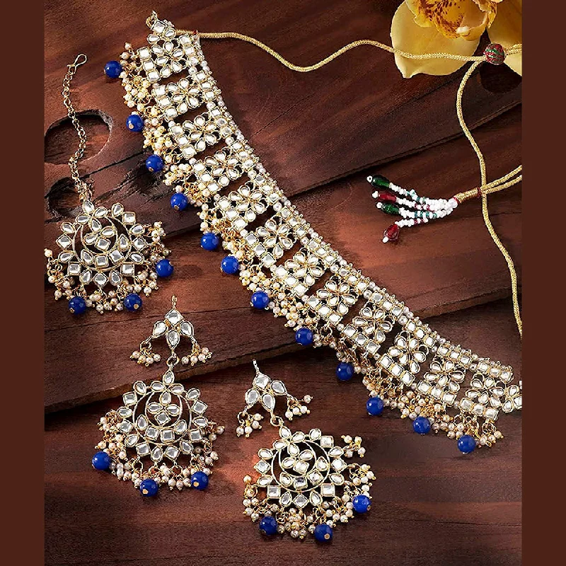 women’s silver necklace-Etnico Gold Plated Traditional Kundan & Pearl Studded Choker Necklace Jewellery Set with Earrings & Maang Tikka For Women (K7069Bl)