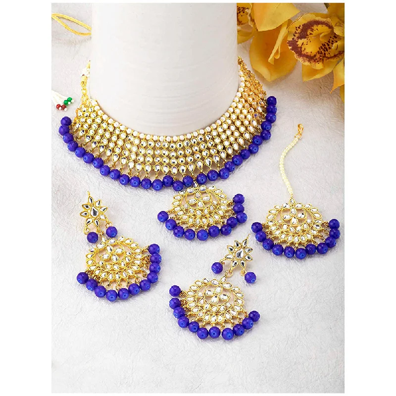 women’s dainty necklace-Etnico 18K Gold Plated Traditional Kundan & Pearl Studded Choker Necklace Jewellery Set with Earrings & Maang Tikka For Women (K7058Bl)