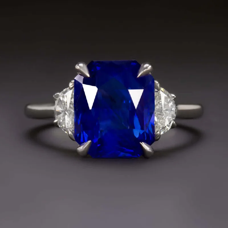 5.85ct GIA CERTIFIED SAPPHIRE DIAMOND RING RADIANT HALF MOON 3 STONE COCKTAIL