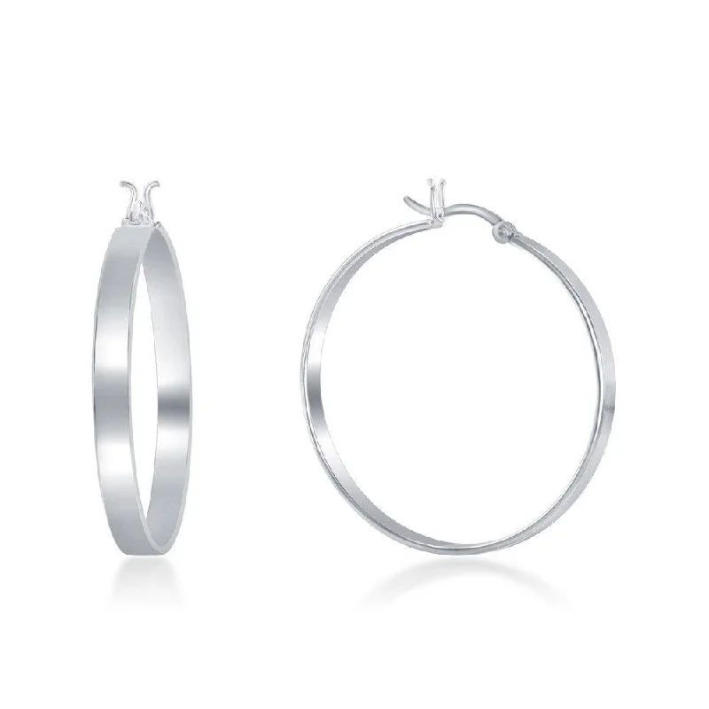 women’s chain earrings-Sterling Silver Rhodium Plated Flat Hoop Earrings, 4 x 30 mm