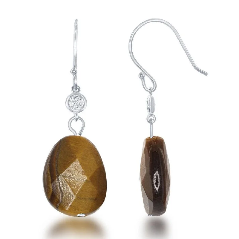 women’s fancy earrings-Sterling Silver CZ with Brown Tiger Eye Earrings