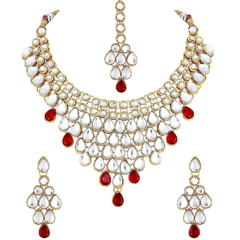 women’s delicate silver necklace-Etnico Traditional Gold Plated Stone Studded Bridal Choker Necklace Set Earrings & Maang Tikka For Women (IJ332R)