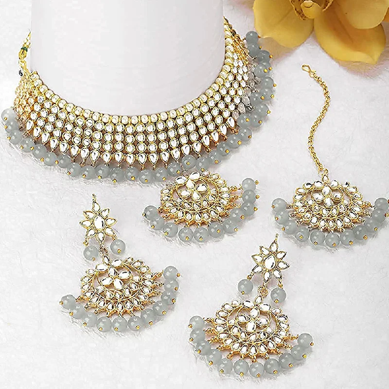 women’s minimalist necklace-Etnico 18K Gold Plated Traditional Kundan & Pearl Studded Choker Necklace Jewellery Set with Earrings & Maang Tikka For Women (K7058) (Grey)