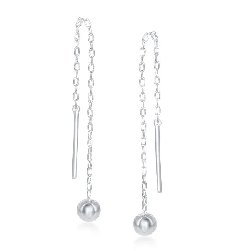 women’s gold dangly earrings-Sterling Silver Bar with Bead Chain Threader Earrings