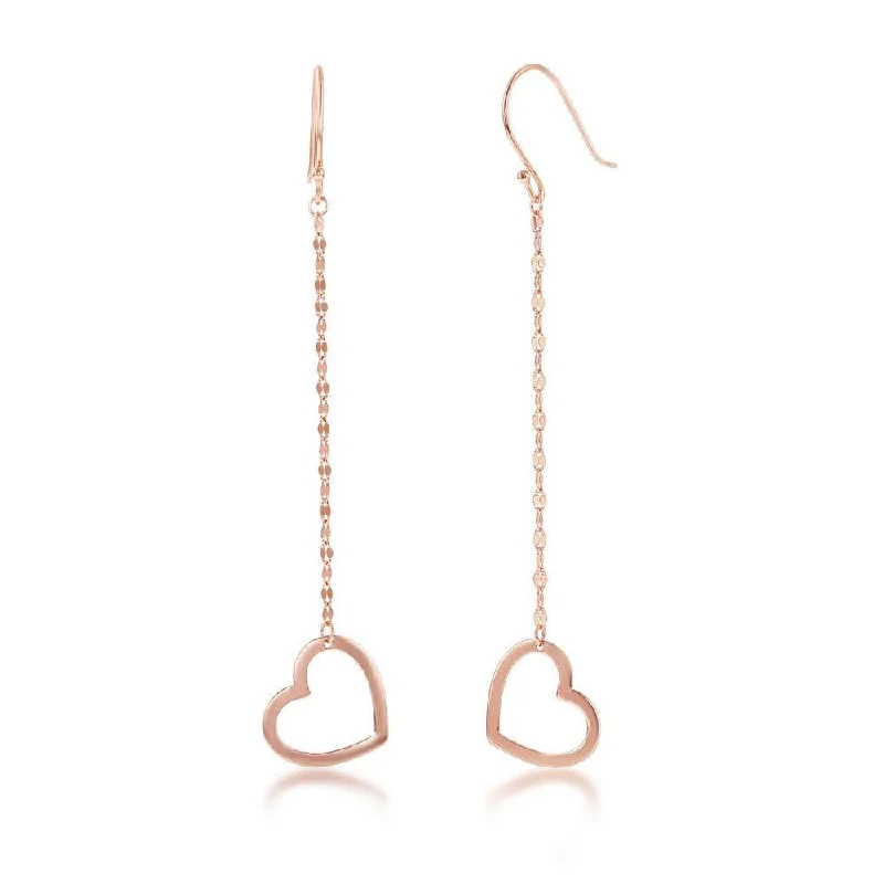 women’s rhinestone earrings-Sterling Silver Rose Gold Plated Chain Heart Earrings