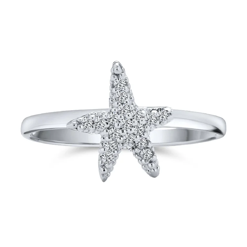 women’s men’s wedding ring-Cocktail Statement Ring: Pave CZ Starfish on Sterling Silver Nautical Beach Style