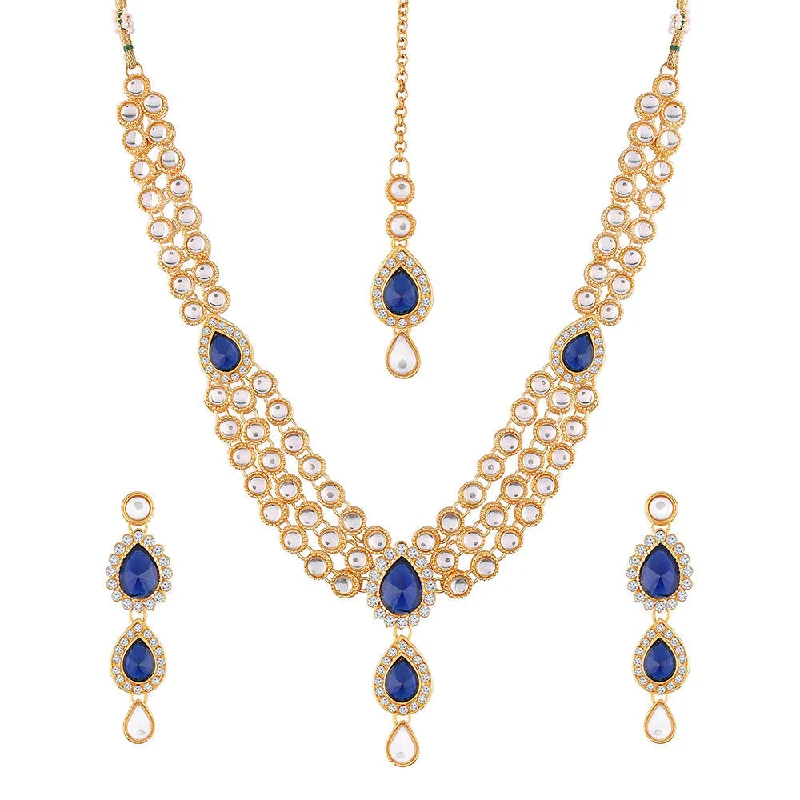 women’s cross pendant necklace-Etnico Traditional Gold Plated Kundan Necklace Set for Women (IJ315Bl)