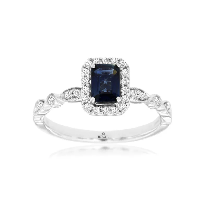 14 Karat White Gold 1 Carat Emerald Cut Sapphire and Diamond Ring