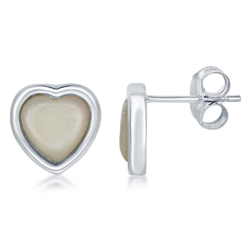 women’s opal earrings-Sterling Silver White MOP Heart Stud Earrings