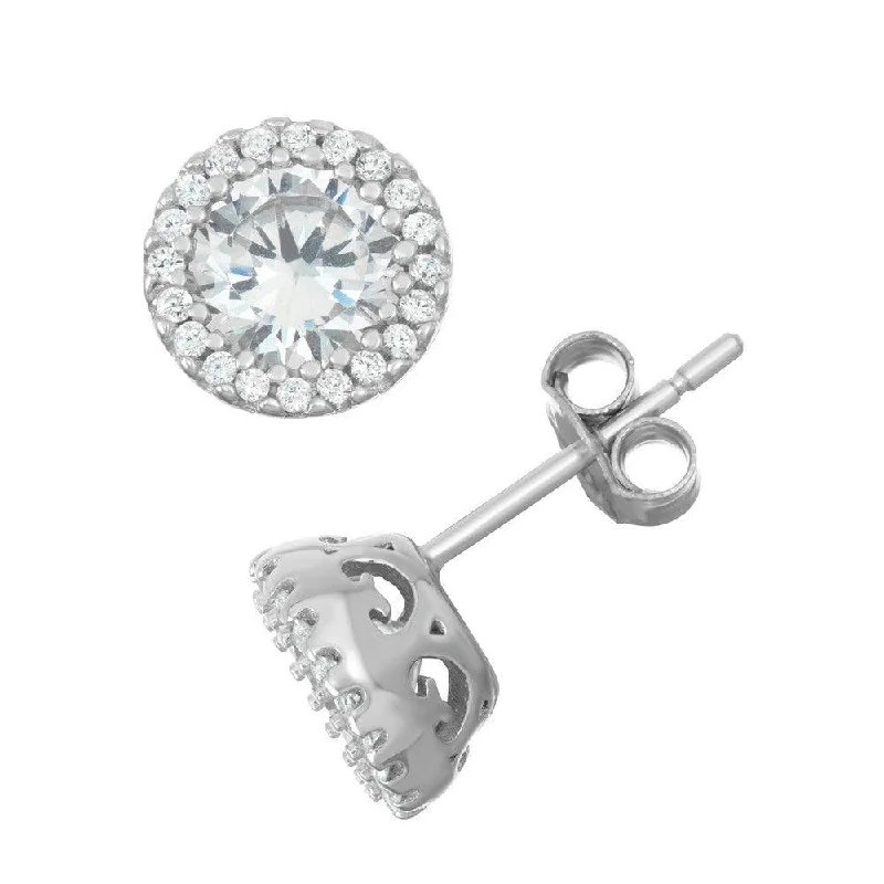 women’s hoop earrings-Sterling Silver Round CZ Border Stud Earrings