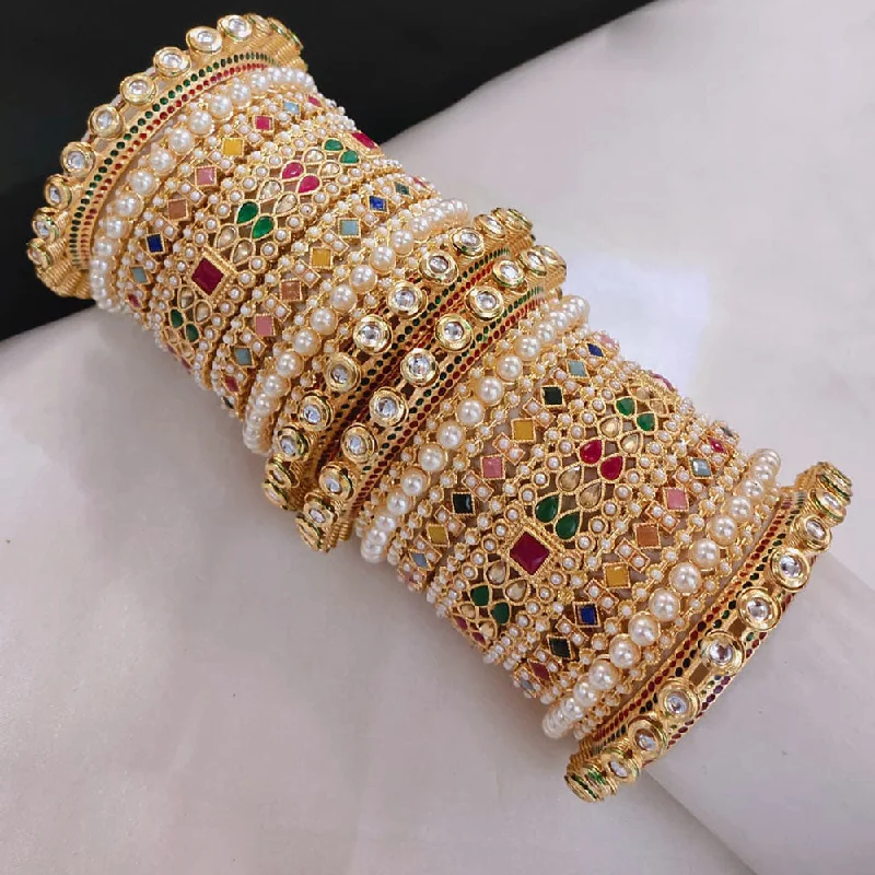 women’s antique engagement rings-women’s adjustable bangle-Lucentarts Jewellery Gold Plated Crystal Stone And Pearls Bangles Set