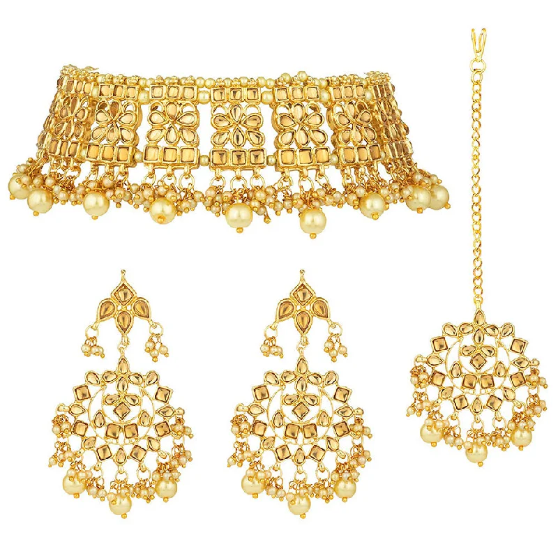 women’s vintage gold necklace-Etnico Gold Plated Traditional Kundan & Pearl Studded Choker Necklace Jewellery Set with Earrings & Maang Tikka For Women (K7069FL)