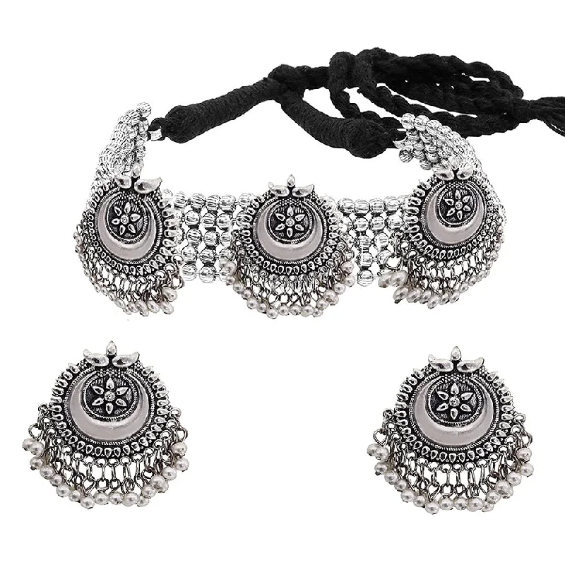 women’s custom necklace-Bevy Pearls Oxidised Plated Choker Necklace Set