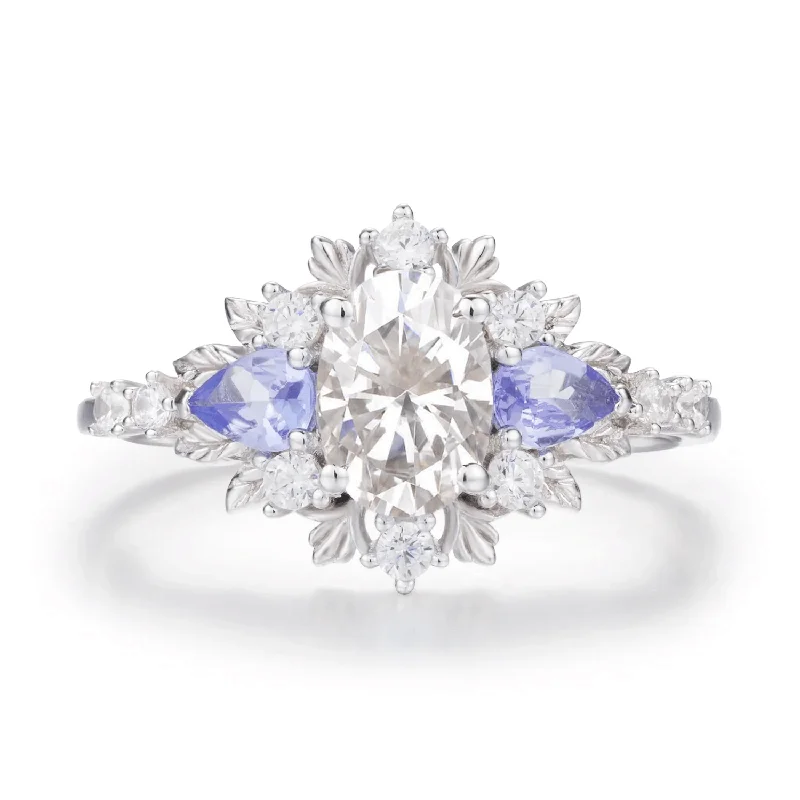 women’s engraved ring-Dahlia Moissanite Tanzanite Ring©