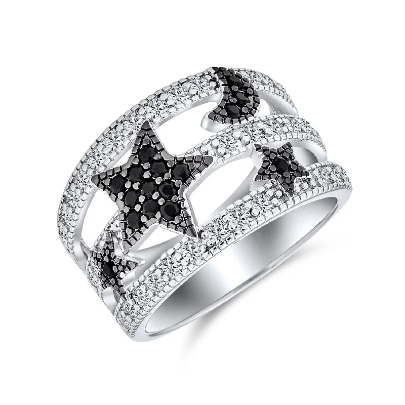 women’s sterling silver ring-Black White Pave CZ Cocktail Statement Ring Silver Plated Celestial Band