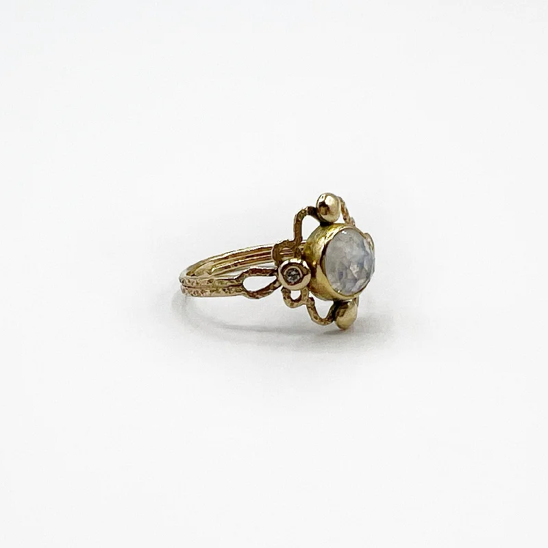 women’s black diamond ring-Moonstone and Diamond Hammered Delicate Ring