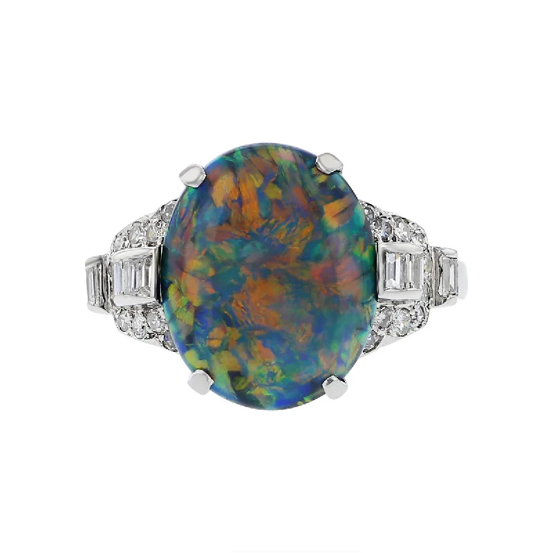 Art Deco Platinum Black Opal and Diamond Ring