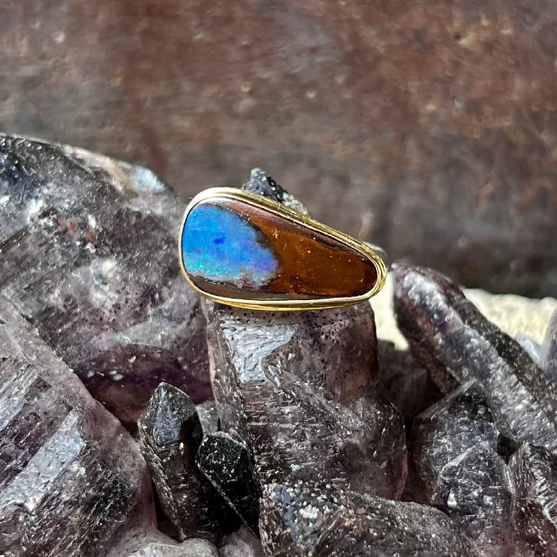 women’s chunky statement ring-Boulder Opal with Sterling Band  and 18 K Bezel Ring.