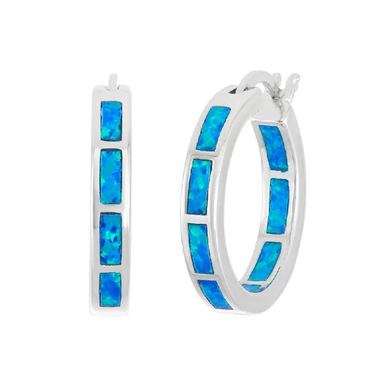 women’s pearl drop earrings-Sterling Silver Blue Inlay Opal Hoop Earrings