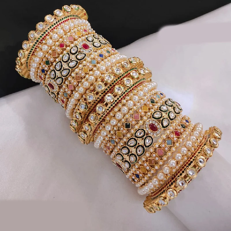 women’s romantic engagement rings-women’s gold bangle-Lucentarts Jewellery Gold Plated Crystal Stone And Pearls Bangles Set