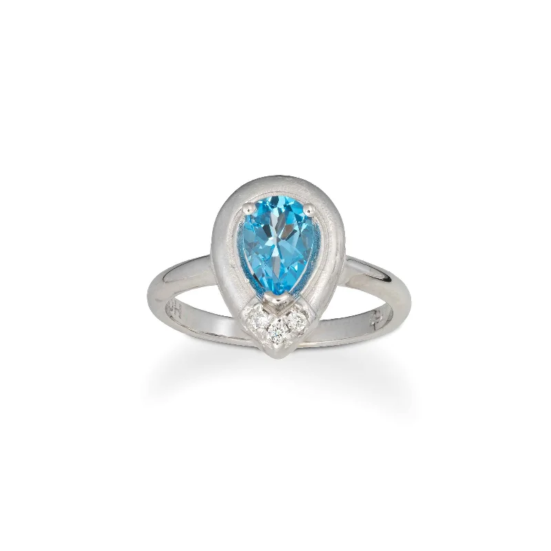 Pear Shape Blue Topaz and Diamond Ring, 18K White Gold, Satin Finish