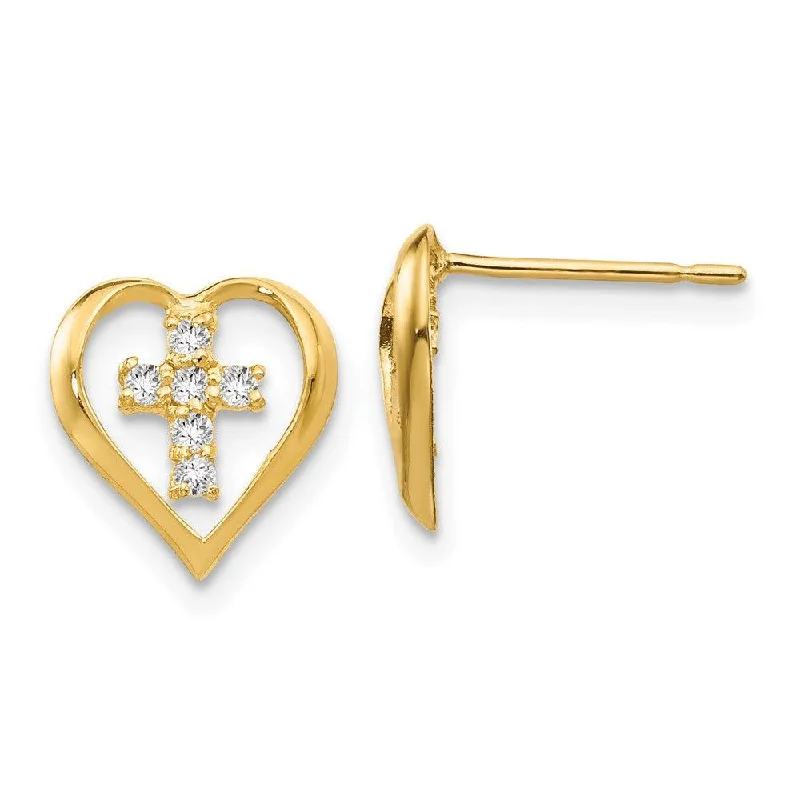 women’s drop earrings-Madi K Kid's 14k  CZ  Heart Cross Post Earrings