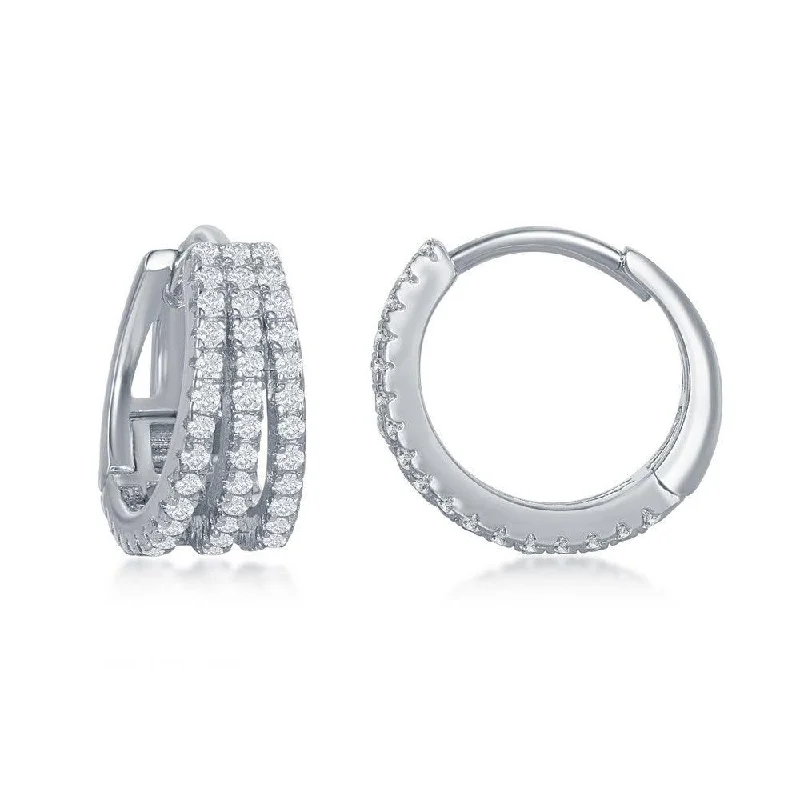 women’s statement drop earrings-Sterling Silver Triple Row CZ Small Hoop Earrings