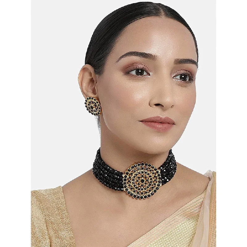 women’s choker necklace-Etnico 18K Gold Plated Traditional Light Weight Crystal Stone Beaded Choker Necklace Jewellery Set Glided With Moti Work (ML239B)