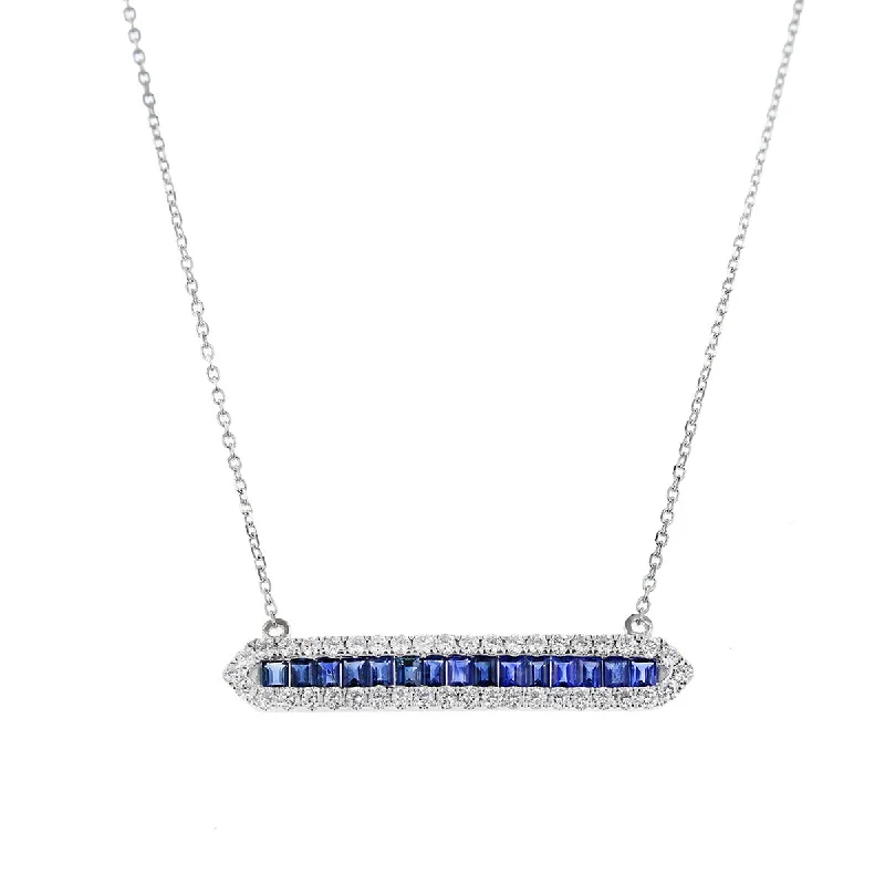 women’s gemstone drop necklace-Sapphire and Diamond Halo Bar Pendant Necklace