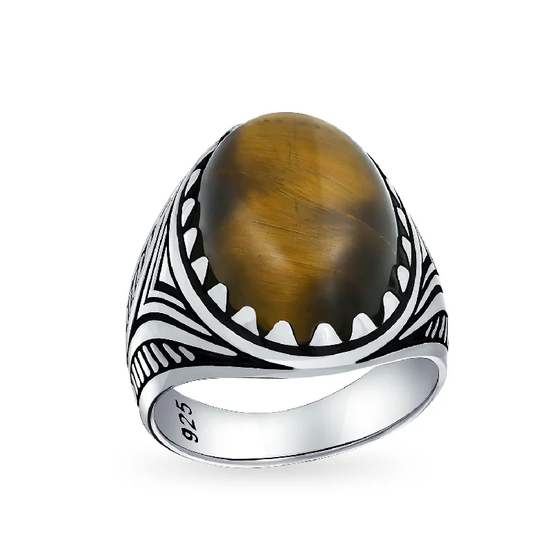 women’s trendy ring-Mens Silver Ring with Black Onyx Blue Turquoise Tiger Eye Gemstone Lion Claw Design