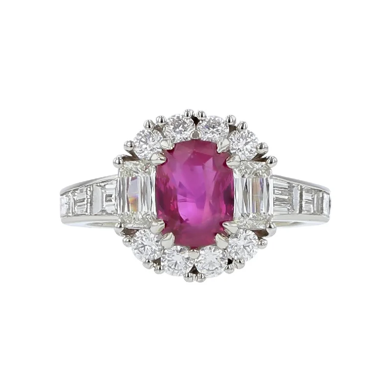 Platinum Cushion Ruby and Ashoka Diamond Ring