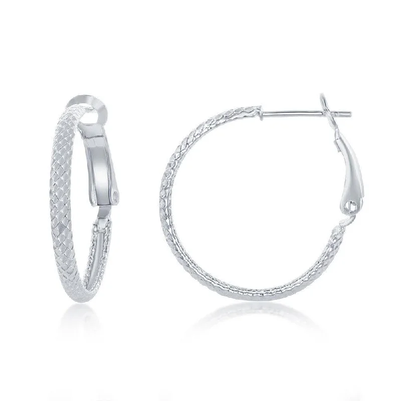 women’s diamond teardrop earrings-Sterling Silver Rounded Checkered Hoop Earrings, 25 mm