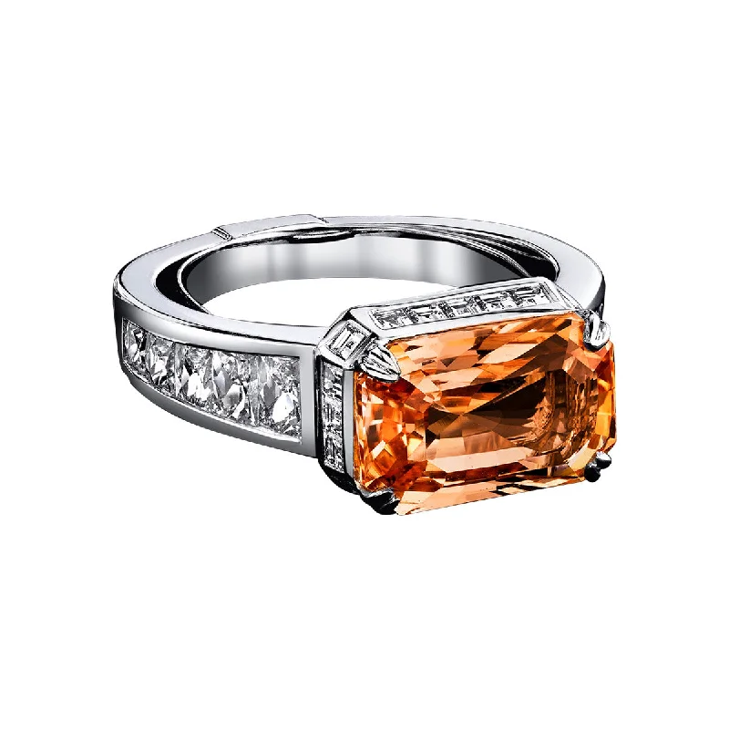 Emerald-cut Orange Sapphire and Diamond Ring