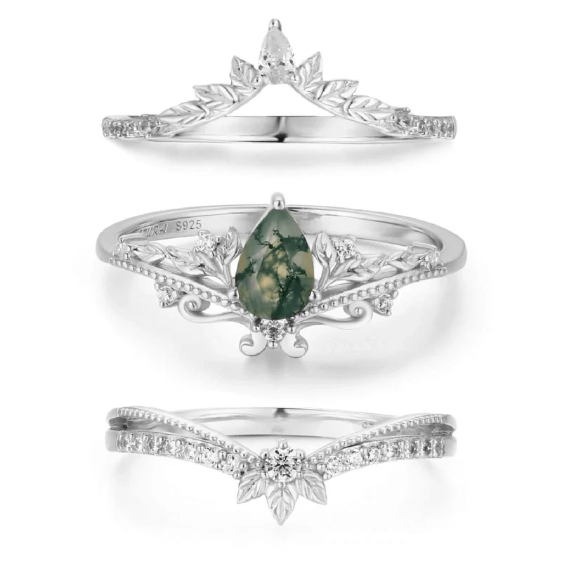 women’s signet ring-Lotus Moss Agate©, Abloom, and Woodland Ring Set