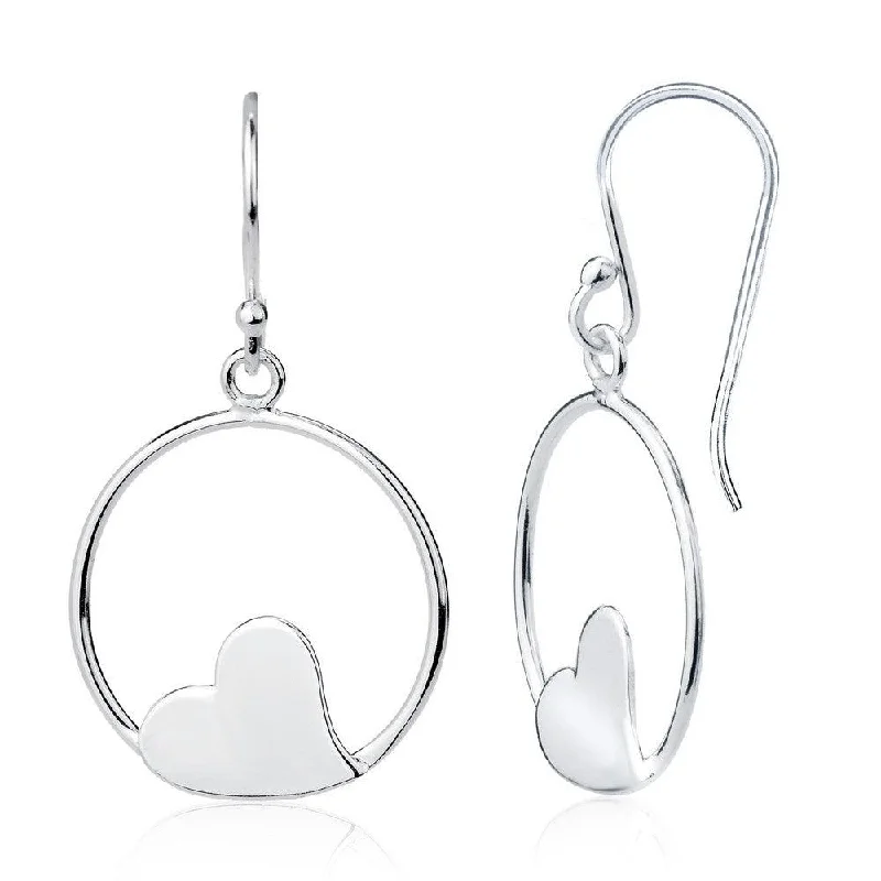 women’s infinity earrings-Sterling Silver Open Circle with Flat Center Heart Earrings