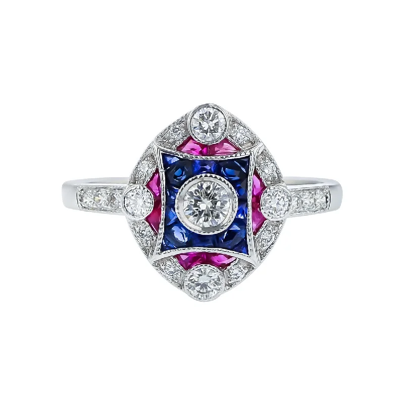 18K White Gold Sapphire, Ruby and Diamond Ring