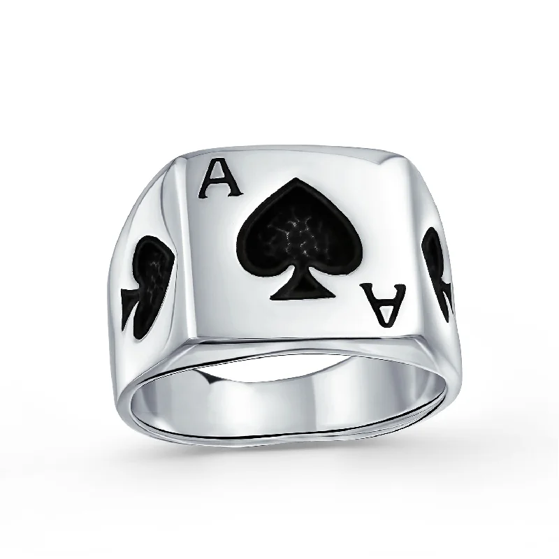 women’s engagement ring set-Good Luck Gambler Mens Silver Ring with Black Ace of Spade for Poker Players