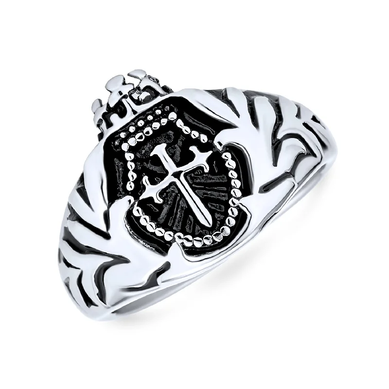 women’s heart gemstone ring-Mens Statement Crown Knight Arms Shield Signet Cross Ring Black Stainless Steel