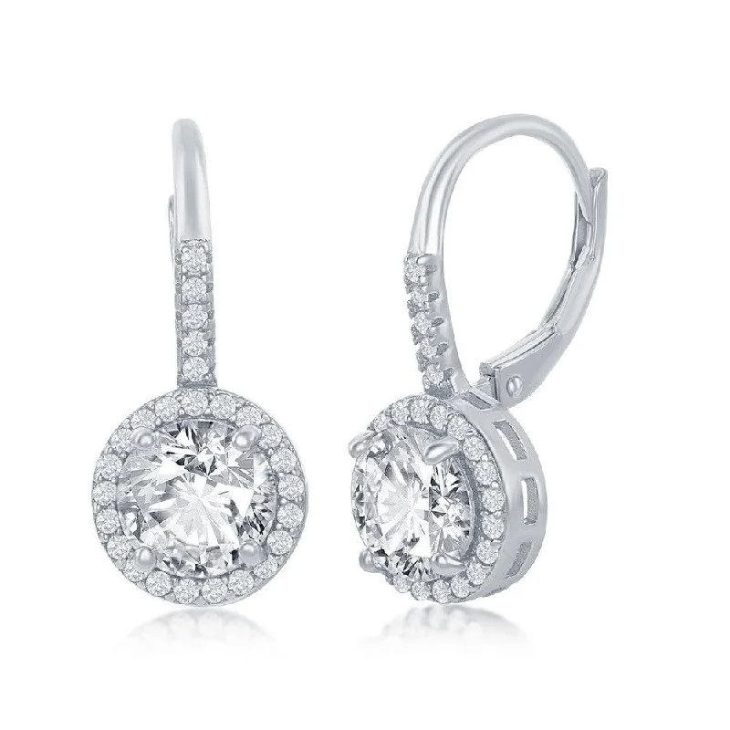 women’s silver dangly earrings-Sterling Silver Round CZ Halo Earrings