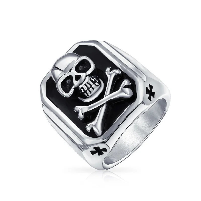 women’s wedding ring-Mens Stainless Steel Black Pirate Skull Crossbones Signet Ring Silver Tone