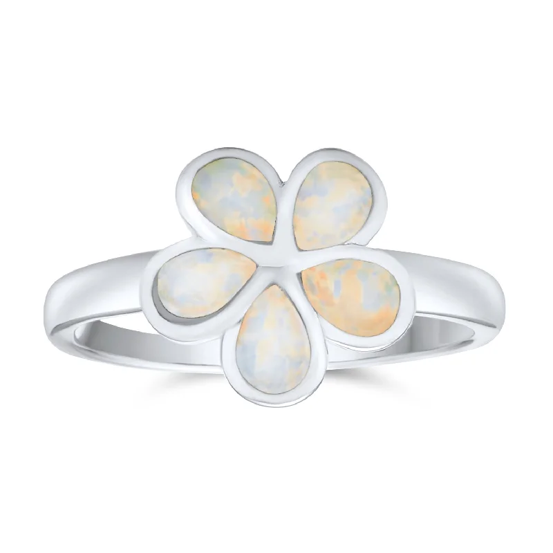 women’s chunky statement ring-Silver Ring with White Created Opal Plumeria Flower Sterling October Birthstone