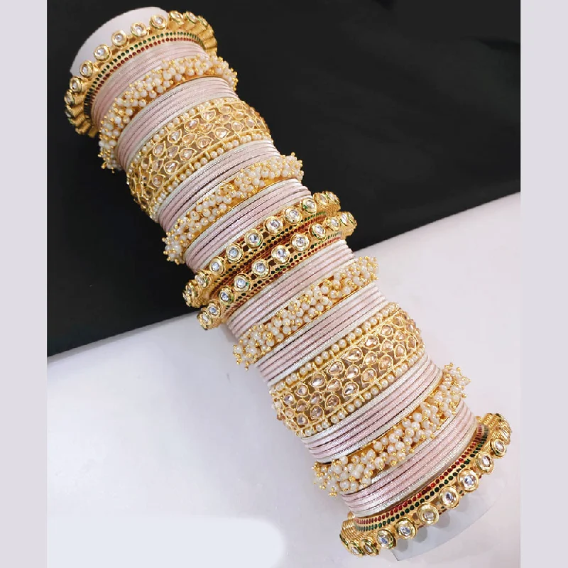 women’s modern engagement rings-women’s leather bangle-Lucentarts Jewellery Gold Plated Crystal Stone And Pearls Bangles Set