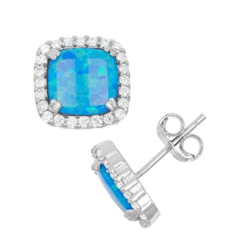 women’s luxury hoop earrings-Sterling Silver CZ Center Blue Inlay Opal Earrings