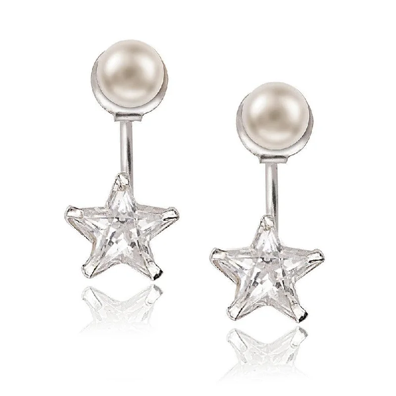 women’s oval earrings-Sterling Silver Pearl Front with Star Back Earrings