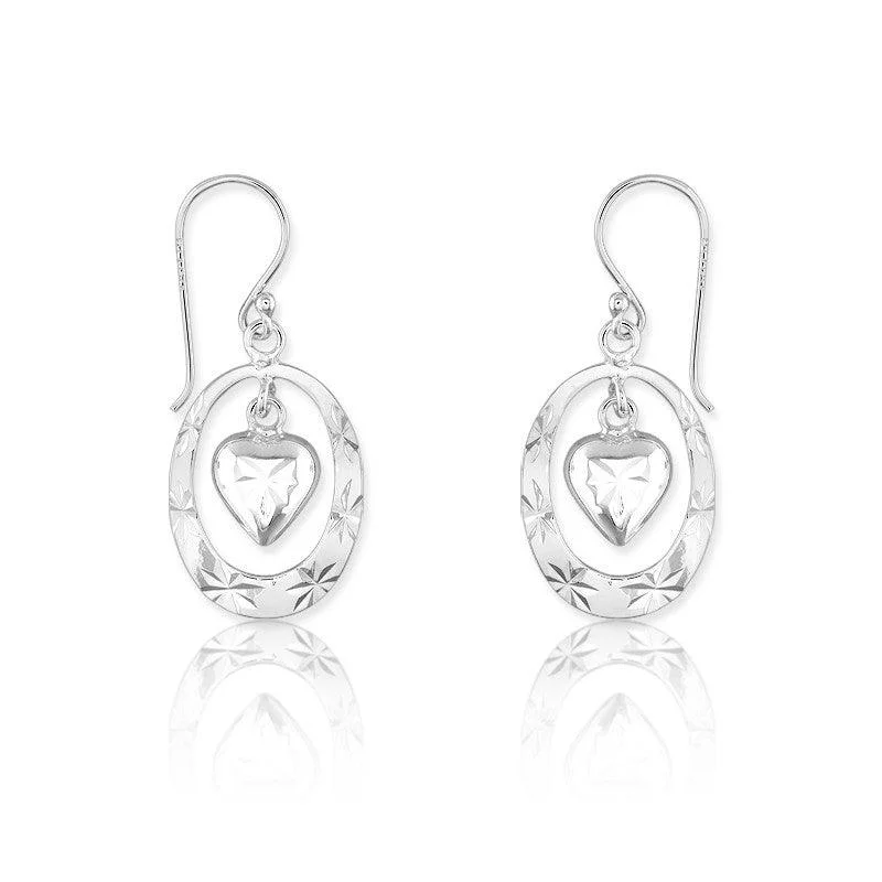 women’s black diamond earrings-Sterling Silver Open Oval with Center Dangling Heart Earrings